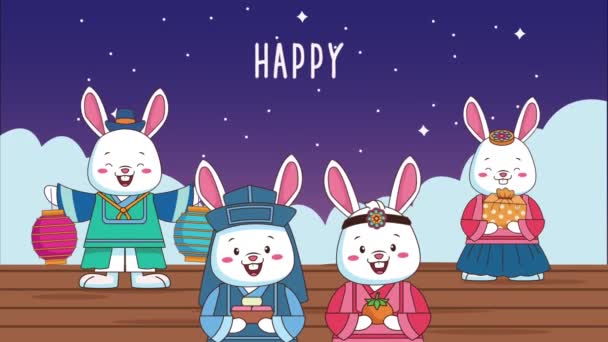 Letras chuseok feliz con conejos de grupo — Vídeos de Stock