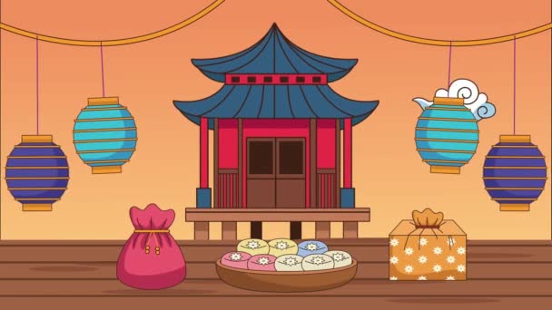 Святкування щасливого чаука з китайським будинком та їжею — стокове відео