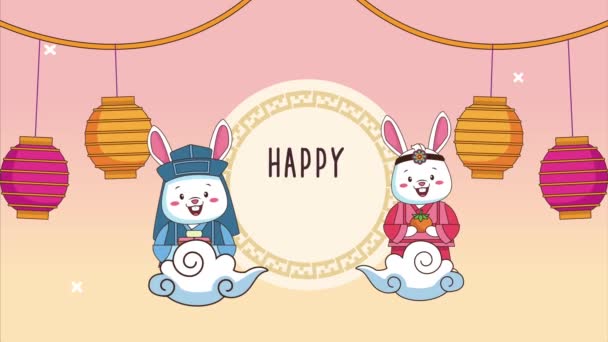 Happy chuseok lettering in circular frame with rabbits couple and lanterns hanging — Stock Video