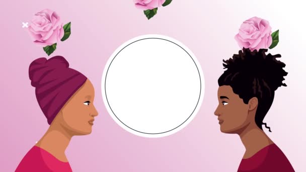 Irklar arası kadınlar ve gül çiçekleriyle göğüs kanseri animasyonu — Stok video