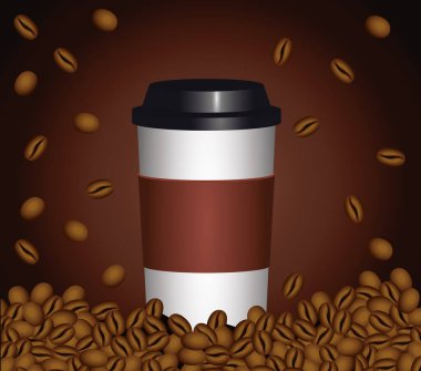 Kahverengi arka planda plastik demlik ve tohumlarla kahve molası afişi