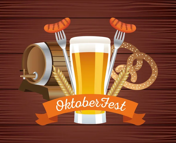 Feliz fiesta de oktoberfest con cervezas y comida en fondo de madera — Vector de stock