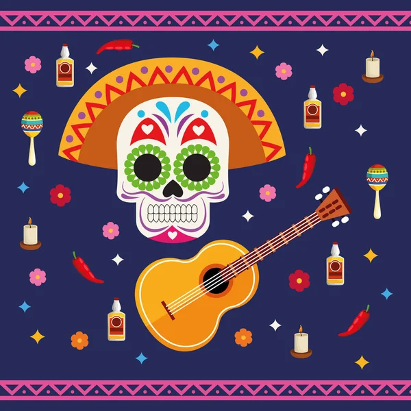 Dia de los muertos fest affisch med skalle huvud och gitarr — Stock vektor