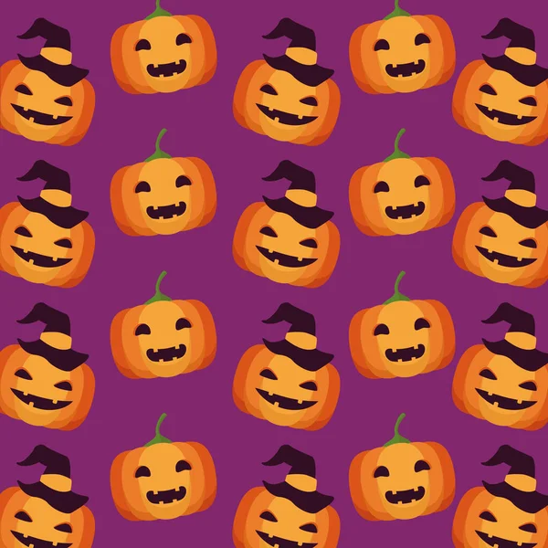 Feliz tarjeta de celebración de Halloween con patrón de calabazas — Vector de stock