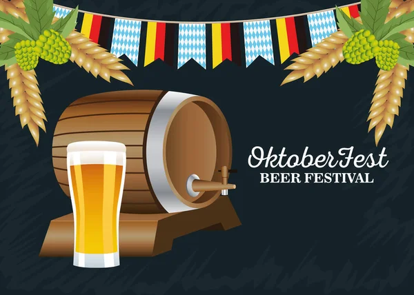 Boldog oktoberfest ünneplés hordó sör üveg és koszorúk — Stock Vector