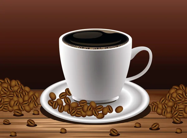 Pôster de pausa para café com xícara e sementes em mesa de madeira — Vetor de Stock