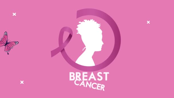 Animación de letras de cáncer de mama con perfil de mujer y mariposas — Vídeo de stock
