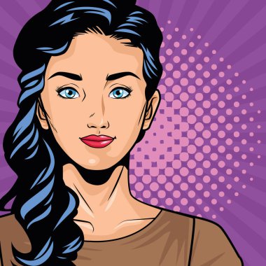 Mor arka planda genç kadın karakter pop sanatı tarzı