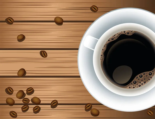 Affiche pause café avec tasse et graines en fond bois — Image vectorielle