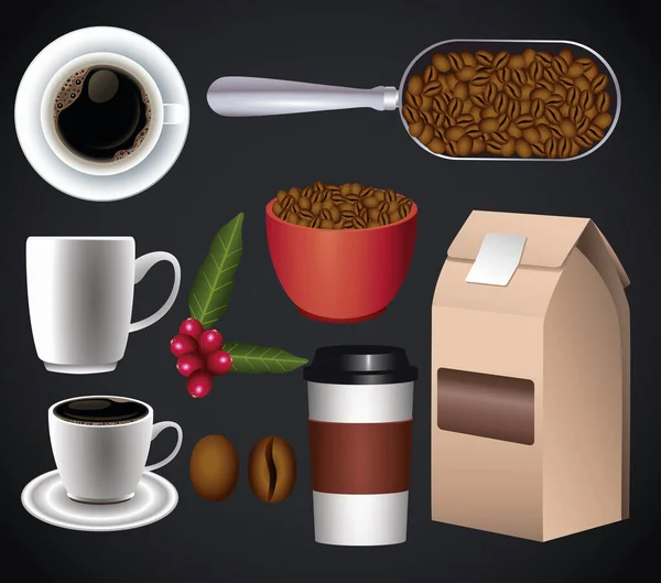 Affiche pause café avec ensemble d'icônes en arrière-plan noir — Image vectorielle