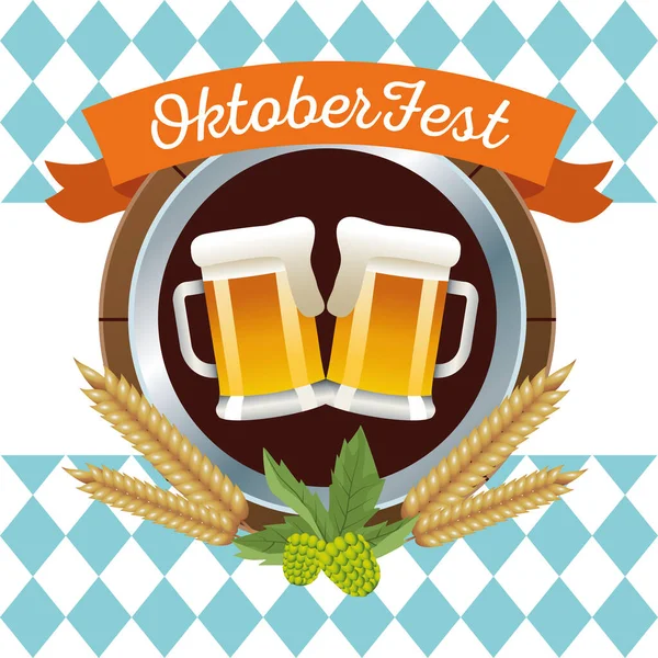 Happy oktoberfest celebration with beers and barley circular frame — Stock Vector