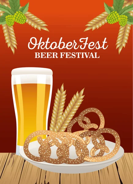 Felice festa oktoberfest con bicchiere di birra e pretzel in piatto — Vettoriale Stock