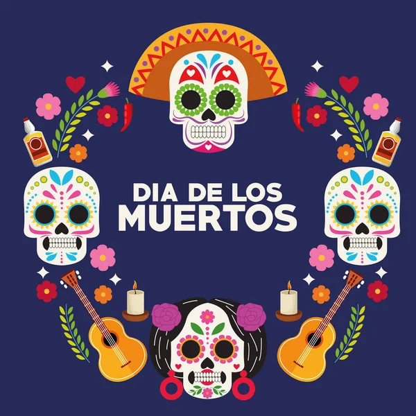 Dia de los muertos庆祝海报，头颅群和吉他手环绕 — 图库矢量图片