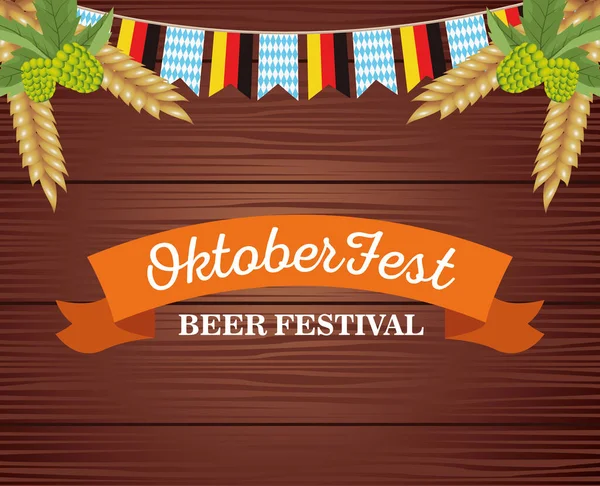 Feliz fiesta de oktoberfest con guirnaldas y marco en fondo de madera — Vector de stock