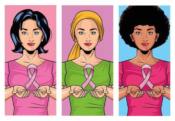 Mês de conscientização do câncer de mama com grupo de meninas inter-raciais levantando fita rosa — Vetor de Stock