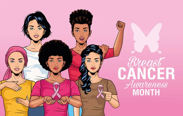 Lettrage mois de sensibilisation au cancer du sein avec un groupe de filles et de papillons — Image vectorielle