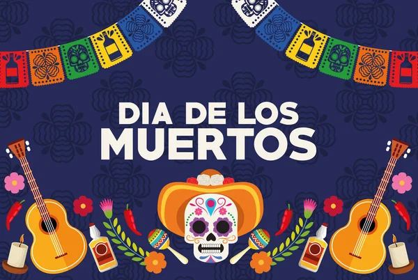 Dia de los muertos celebration poster with skull head wearing hat and guitars — Stock Vector