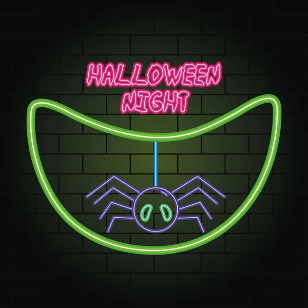 Halloween noite neon luz de aranha — Vetor de Stock