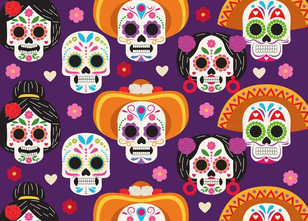 Cartel de celebración día de los muertos con cabezas de calaveras patrón de grupo — Archivo Imágenes Vectoriales