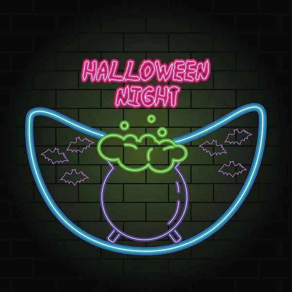 Halloween noite neon luz de caldeirão —  Vetores de Stock
