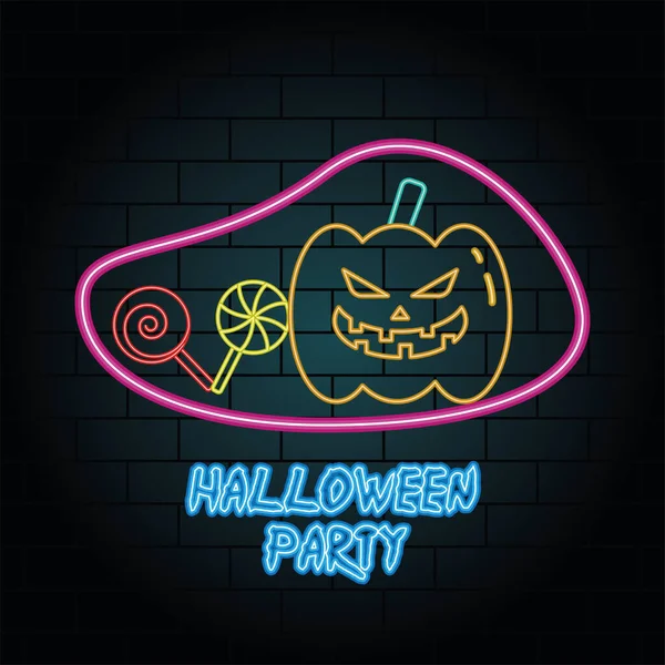 Halloween party neon light of pumpkin and candies — стоковый вектор