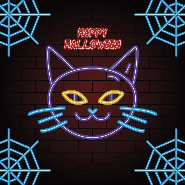 Heureux halloween néon lumière de tête de chat — Image vectorielle