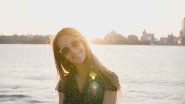 Portrait Young Beautiful Flirty European Girl Sunglasses Smiling Camera Touching — Stock Video