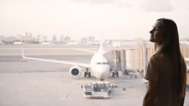 Uzun saçlı güzel mutlu beyaz kız uçak görmek zevk Havaalanı terminal penceresine yürür.