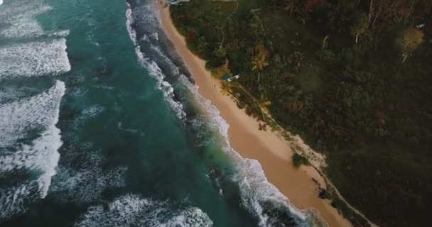 Drone volando por encima de hermosas olas marinas espumosas que alcanzan la costa del océano con árboles tropicales, casas, hoteles y barcos . — Vídeos de Stock