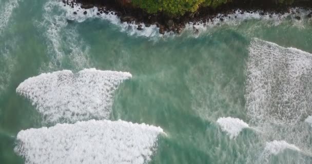 Epische Luftaufnahme weißer schäumender Meereswellen, die das Ufer mit tropischen Inselpalmen und Ferienhäusern erreichen. — Stockvideo