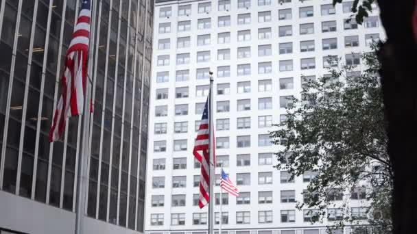 Vista ravvicinata degli uffici nei grattacieli che costruiscono dal vetro. Bandiere nazionali americane sventolano sul vento a New York . — Video Stock