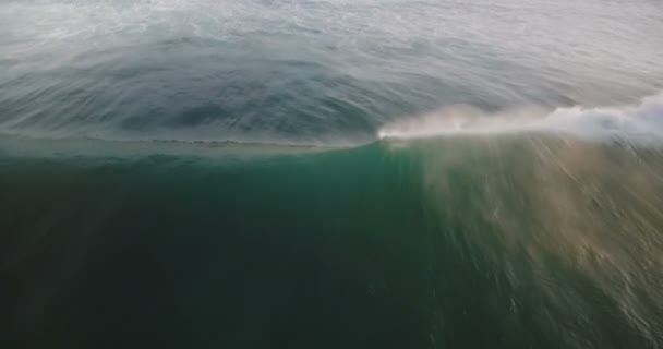 Caméra aérienne suit la marée des vagues de l'océan massif se précipitant vers le rivage, révélant belle île exotique ensoleillée avec des arbres tropicaux 