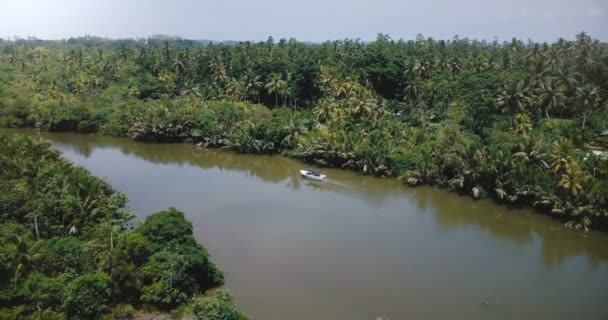 Drone girando a la izquierda, siguiendo un pequeño barco safari blanco navegando a lo largo de un hermoso río de selva tropical en la selva salvaje . — Vídeos de Stock
