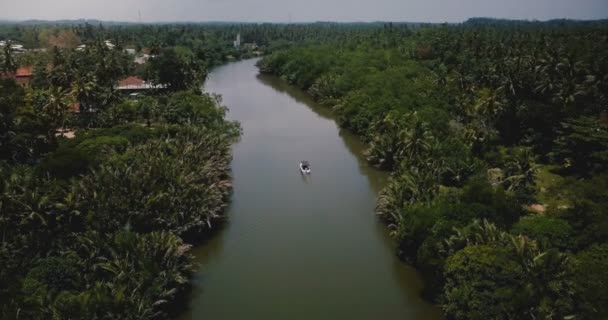 Drone voando para a frente sobre pequeno barco em belo rio largo que flui na selva deserto entre árvores verdes tropicais — Vídeo de Stock