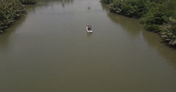 Cámara aérea sigue pequeño barco blanco navegando muy lento a lo largo de hermoso río tranquilo en medio de la selva tropical . — Vídeos de Stock