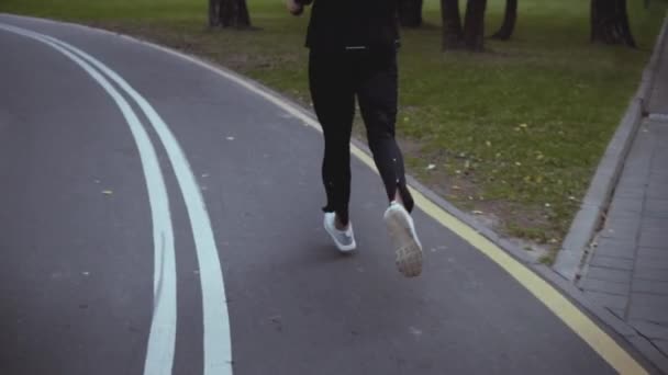 秋の公園道路で走っている人を回します。背面図。スローモーション。静かな静かな路地にジョギングのスポーツマン。生活のリズム. — ストック動画