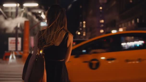 Vista trasera de la joven mujer con estilo de pie en la noche en el tráfico en el centro y mirando a su alrededor en Nueva York, Estados Unidos . — Vídeos de Stock