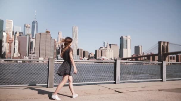 Vista trasera de la chica con el pelo soplando en el viento girando en la hermosa vista del horizonte de Manhattan, brazos abiertos en cámara lenta . — Vídeos de Stock