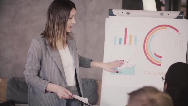 Attractive European female leader encouraging and inspiring office workers pointing at sales growth diagram on flipchart