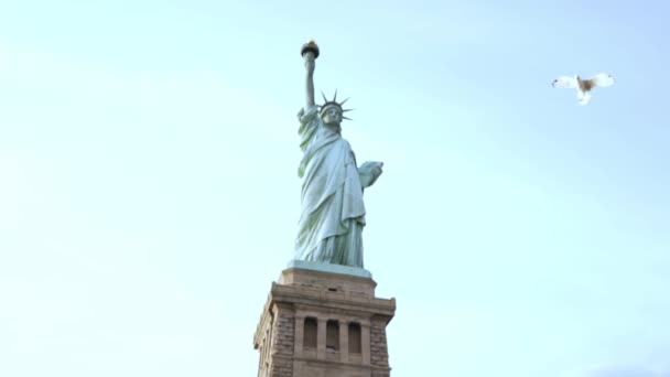 Famoso monumento nacional de la Estatua de la Libertad en Liberty Island en Nueva York en un día claro de verano, un gran pájaro volando por . — Vídeos de Stock