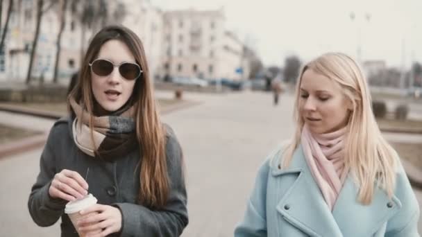 Två kaukasiska kvinnor chattar promenad på gatan. Flickvänner promenader tillsammans i solig vinterdag. Vänner samlingsstunden. — Stockvideo