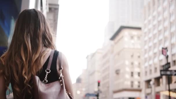 Vista posterior de la confiada mujer de negocios caucásica en gafas de sol con hermoso cabello caminando a lo largo de la ciudad de Nueva York cámara lenta — Vídeos de Stock