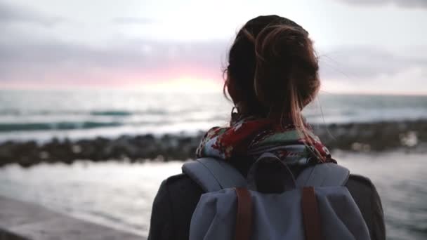 Primer plano vista trasera de la chica con la mochila viendo la puesta de sol en la hermosa orilla del mar disfrutando de hermosos momentos de vida . — Vídeo de stock