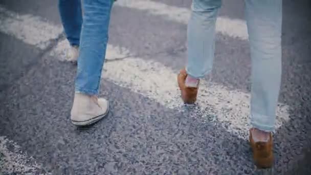 Vista posterior feliz relajado joven hombre y mujer en ropa casual cruzar la calle de la ciudad cogidas de la mano en un frío día de invierno nevado — Vídeo de stock