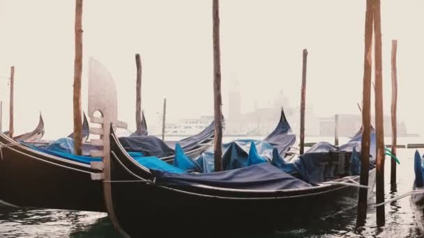 Stimmungsvolle Aussicht auf wunderschöne traditionelle Gondeln, die auf den Wellen an der nebligen hölzernen Lagunenmole in Venedig schaukeln, Italien. — Stockvideo