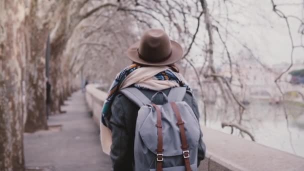 Rückansicht einer Freiberuflerin mit Rucksack, die in Zeitlupe am herbstlichen Tiber unter Platanen entlang läuft. — Stockvideo