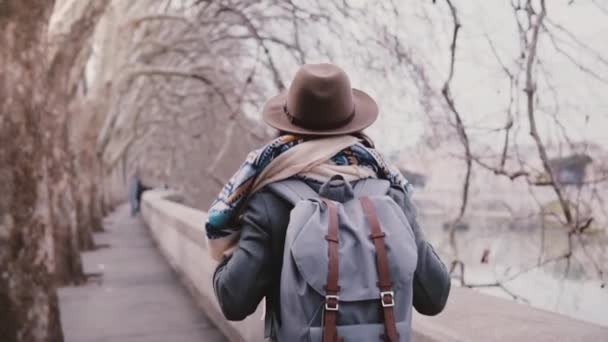 Baksidan på kvinnlig turist med ryggsäck promenader längs fantastiska plataner flodstranden i kallt sen hösten slow motion. — Stockvideo