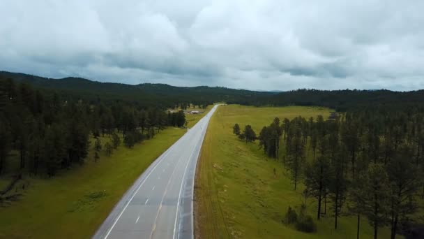 Increíble plano aéreo de triciclo azul conduciendo rápido a lo largo de la carretera americana entre colinas de bosque verde salvaje con árboles — Vídeos de Stock