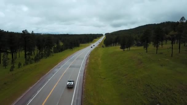 Drone vliegen laag over het verkeer op de weg van de snelweg tussen wild schone groene forest hills met bomen op bewolkt zomerdag. — Stockvideo