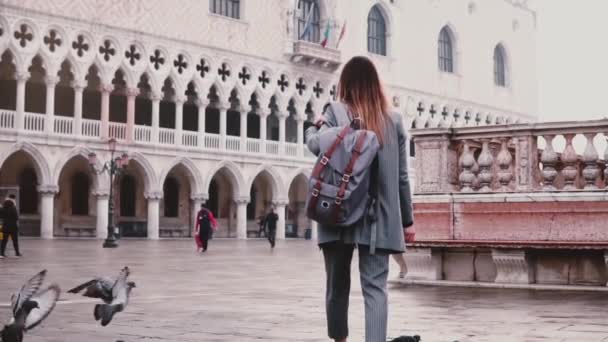 Stor flock duvor efter glad kvinnlig turist på fantastisk torget San Marco i Venedig Italien slow motion. — Stockvideo